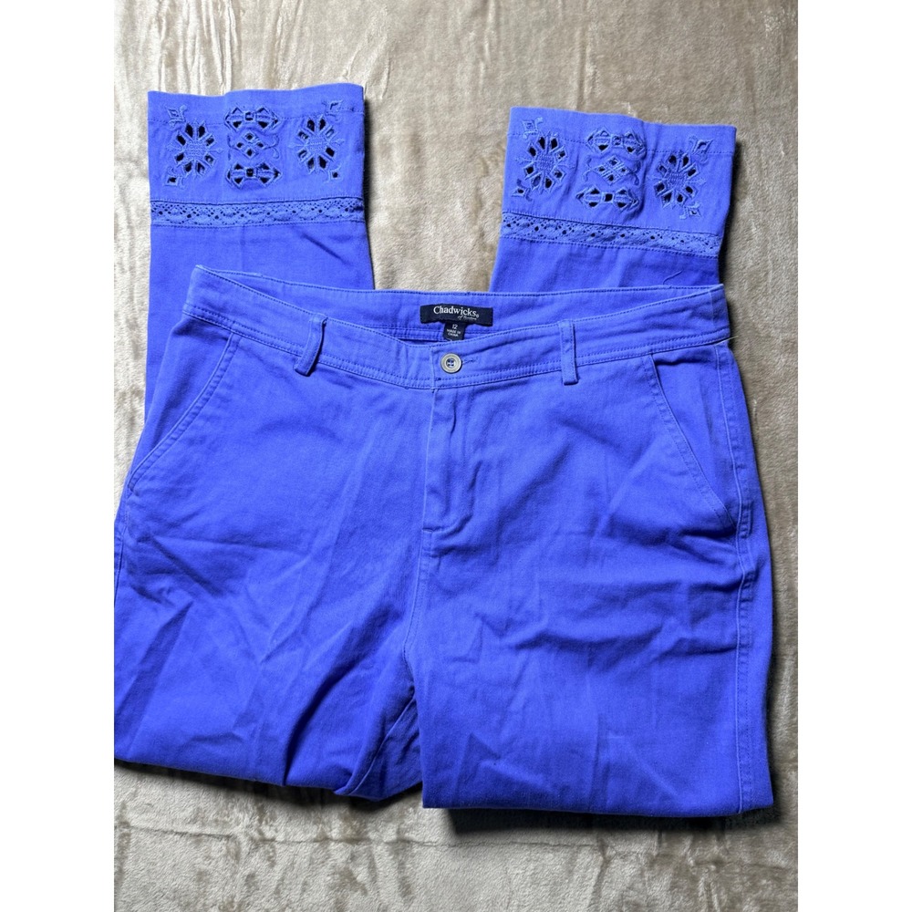 90s Chadwicks of Boston Periwinkle Blue Eyelet Lace‎ Hem Cropped Pants Womens 12